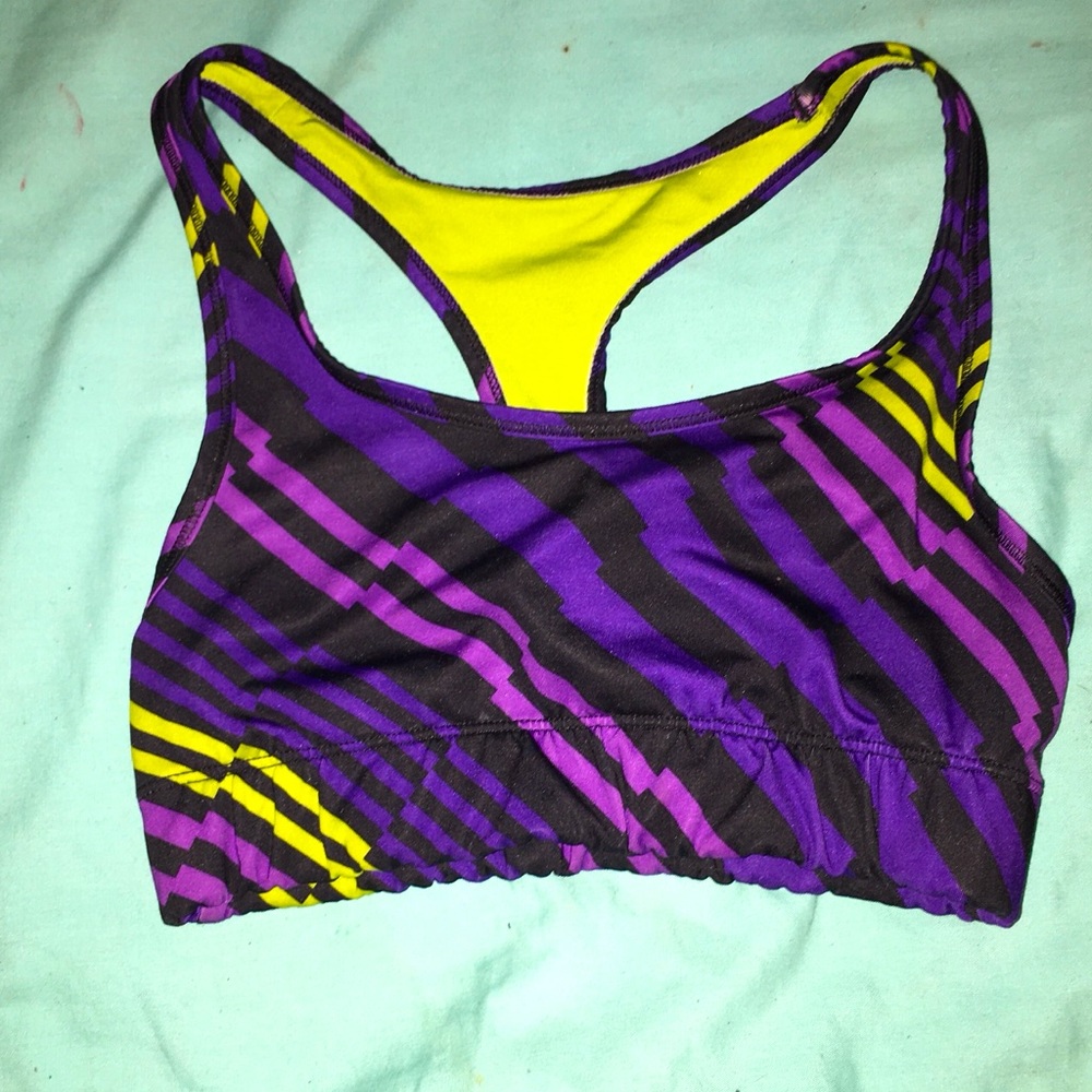 Purple and lime green sports bra